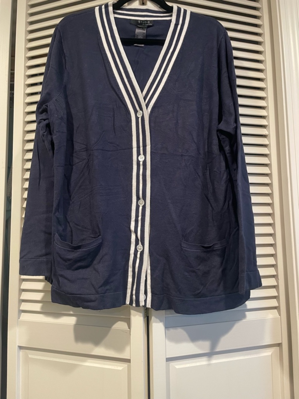 Liz Claiborne Studio Navy Cardigan with White Stripe Collar